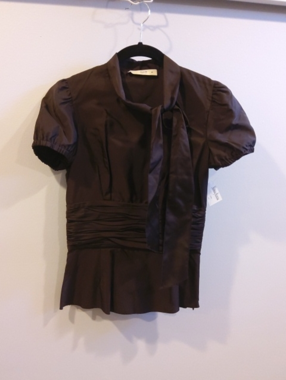 PRADA💥New💥Brown Silk Tie-Neck Puff Sleeve Top